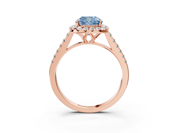 Rose gold Fancy Blue Cushion  Halo Pavé Diamond Engagement Ring with Four-Prong Setting