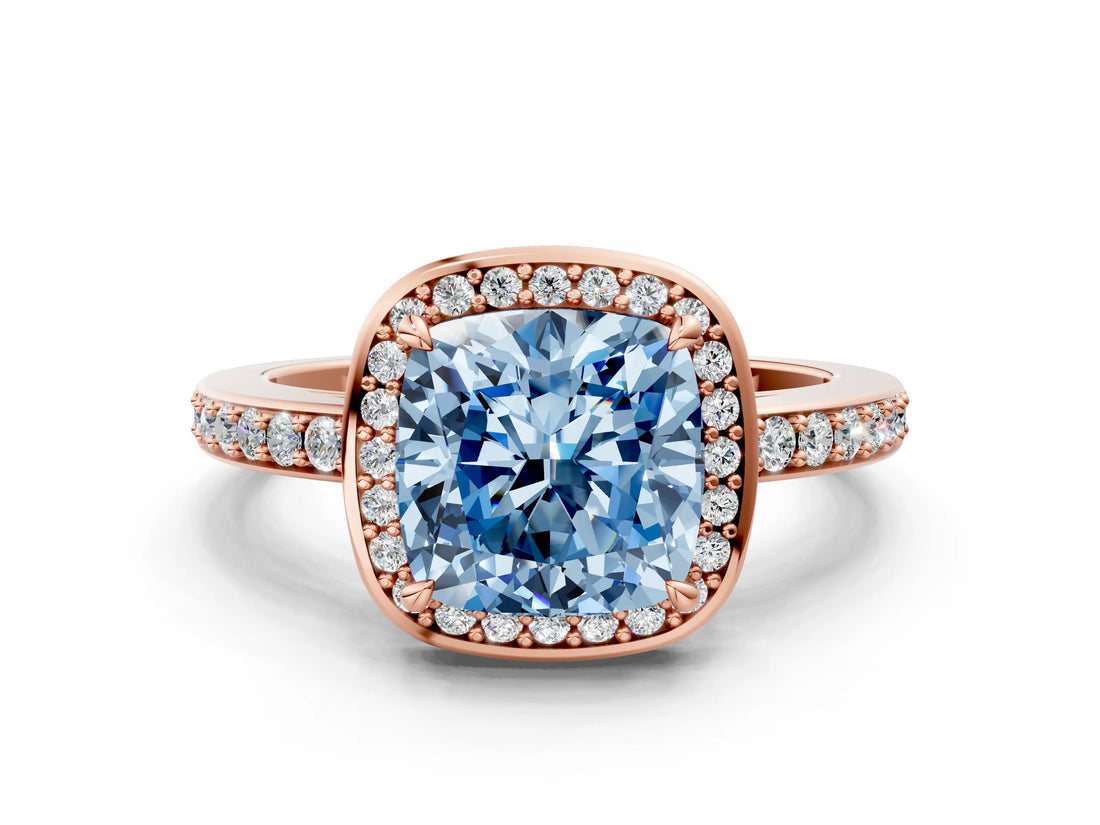 Rose gold Fancy Blue Cushion  Halo Pave Band Solitaire Ring with Prong Setting_66