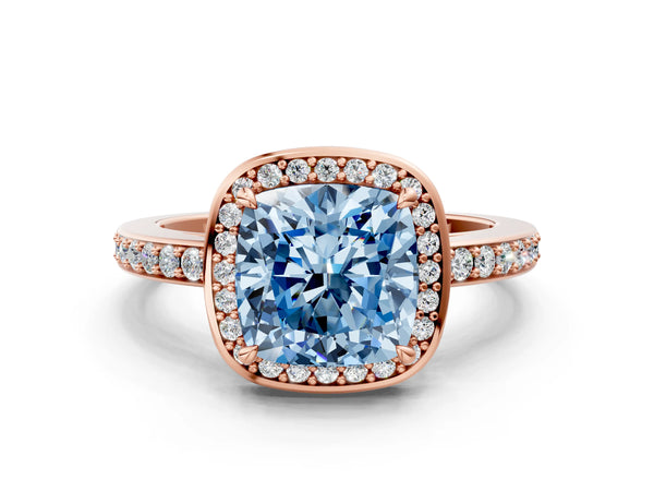 Rose gold Fancy Blue Cushion  Halo Pave Band Solitaire Ring with Prong Setting