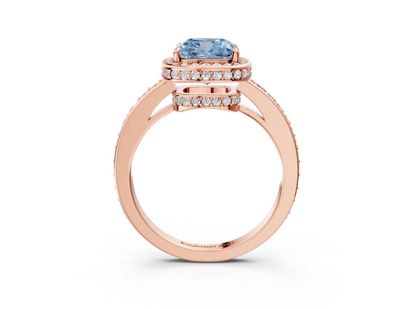 Rose gold Fancy Blue Cushion  Halo Pave Band Solitaire Ring with Prong Setting