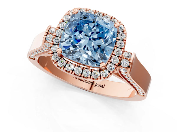 Rose gold Fancy Blue Cushion  Halo Pave Split Shank Prong Setting Ring