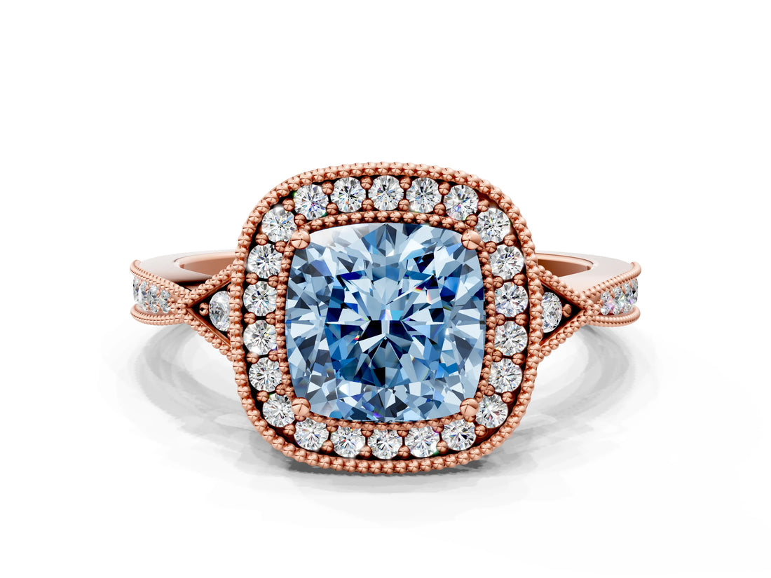 Rose gold Fancy Blue Cushion  Halo Round Diamond Milgrain Pave Engagement Ring_3
