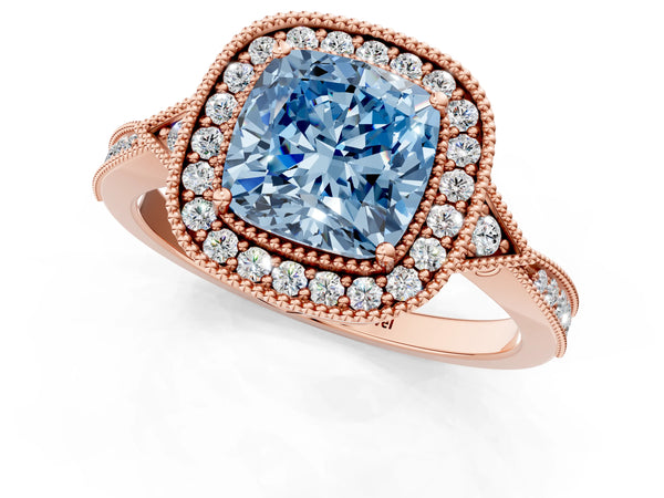 Rose gold Fancy Blue Cushion  Halo Round Diamond Milgrain Pave Engagement Ring