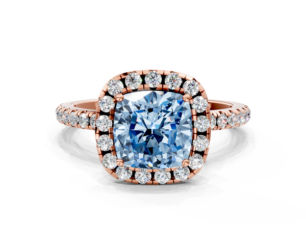 Rose gold Fancy Blue Cushion  Halo Round Diamond Pavé Band Four-Prong Ring