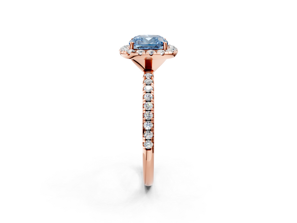 Rose gold Fancy Blue Cushion  Halo Round Diamond Pavé Band Four-Prong Ring