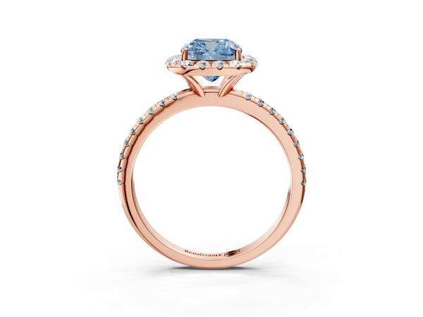 Rose gold Fancy Blue Cushion  Halo Round Diamond Pavé Band Four-Prong Ring