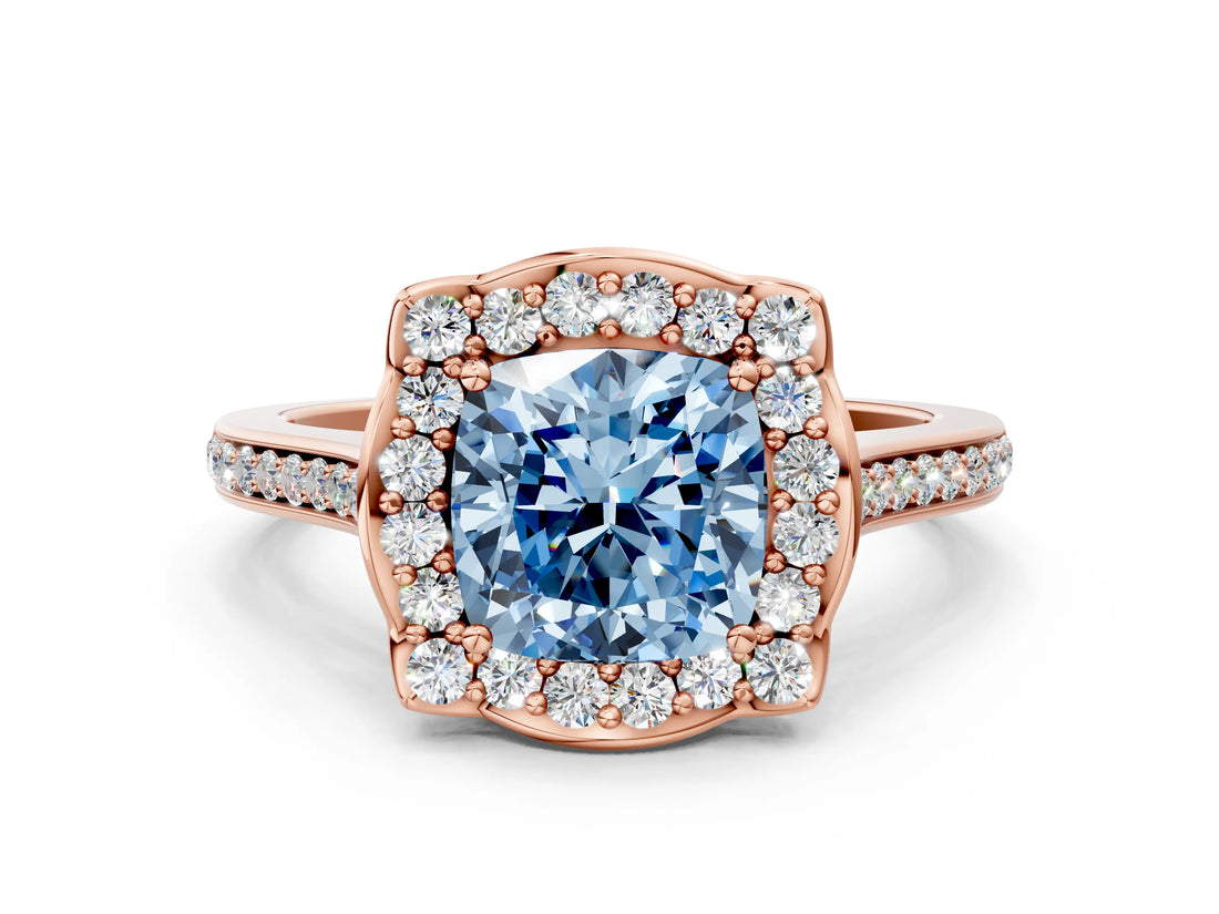 Rose gold Fancy Blue Cushion  Halo Round Diamond Pave Band with Four-Prong Setting_38