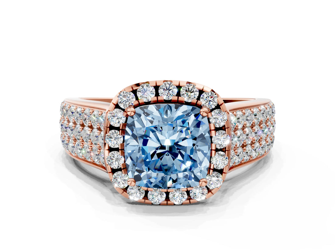 Rose gold Fancy Blue Cushion  Halo Round Diamond Pave Band with Prong Setting 2