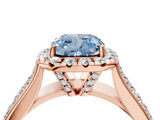 Rose gold Fancy Blue Cushion  Halo Round Diamond Pave Band with Prong Setting