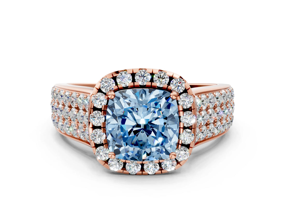 Rose gold Fancy Blue Cushion  Halo Round Diamond Pave Band with Prong Setting_12