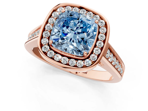 Rose gold Fancy Blue Cushion  Halo Solitaire Diamond Ring with Pave Band and Bezel Setting