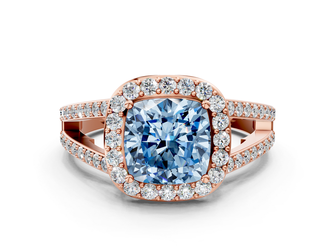 Rose gold Fancy Blue Cushion  Halo Split Shank Diamond Ring with Four-Prong Setting_32
