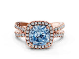Rose gold Fancy Blue Cushion  Halo Split Shank Diamond Ring with Pavé Setting