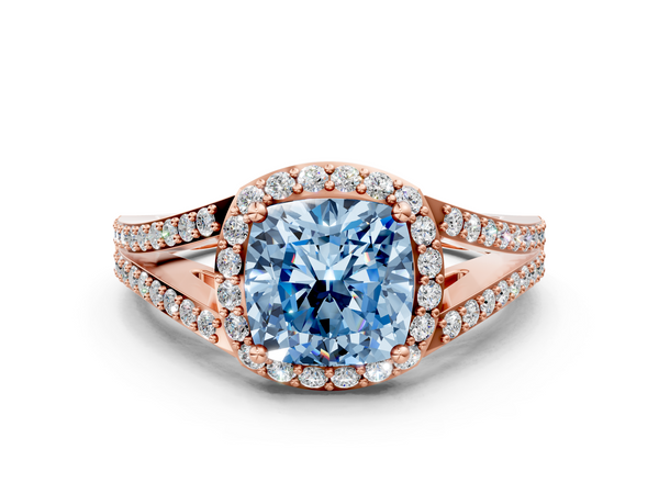 Rose gold Fancy Blue Cushion  Halo Split Shank Diamond Ring with Prong Setting