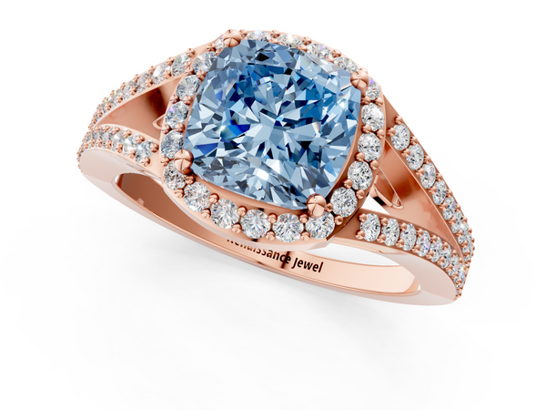 Rose gold Fancy Blue Cushion  Halo Split Shank Diamond Ring with Prong Setting