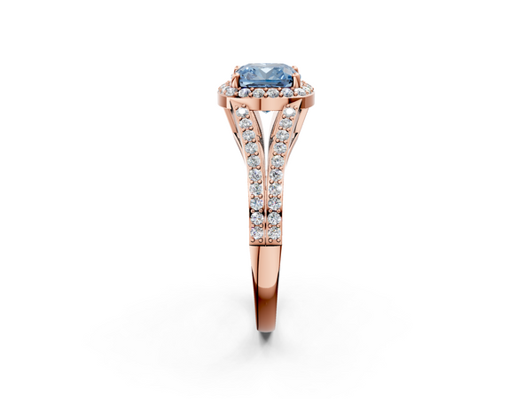 Rose gold Fancy Blue Cushion  Halo Split Shank Diamond Ring with Prong Setting