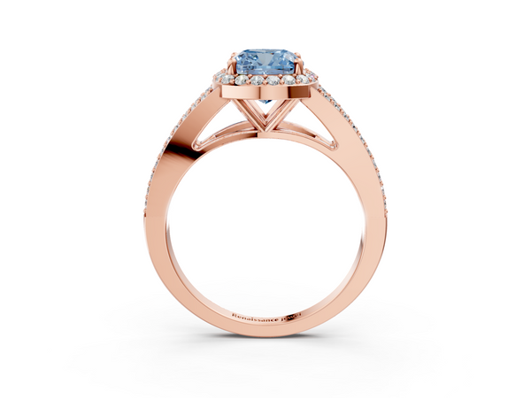Rose gold Fancy Blue Cushion  Halo Split Shank Diamond Ring with Prong Setting