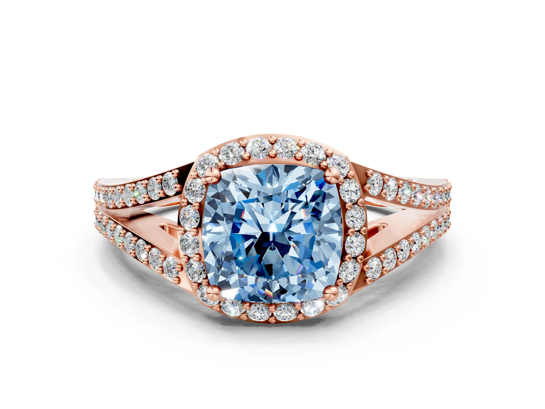 Rose gold Fancy Blue Cushion  Halo Split Shank Pave Diamond Ring with Four-Prong Setting_49