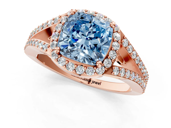 Rose gold Fancy Blue Cushion  Halo Split Shank Pave Diamond Ring with Four-Prong Setting