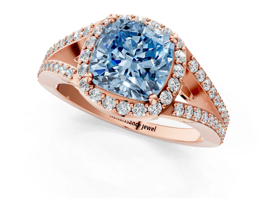 Rose gold Fancy Blue Cushion  Halo Split Shank Pave Diamond Ring with Four-Prong Setting