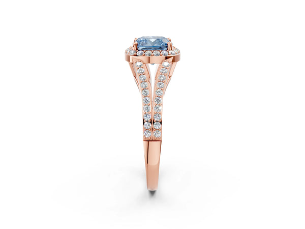 Rose gold Fancy Blue Cushion  Halo Split Shank Pave Diamond Ring with Four-Prong Setting