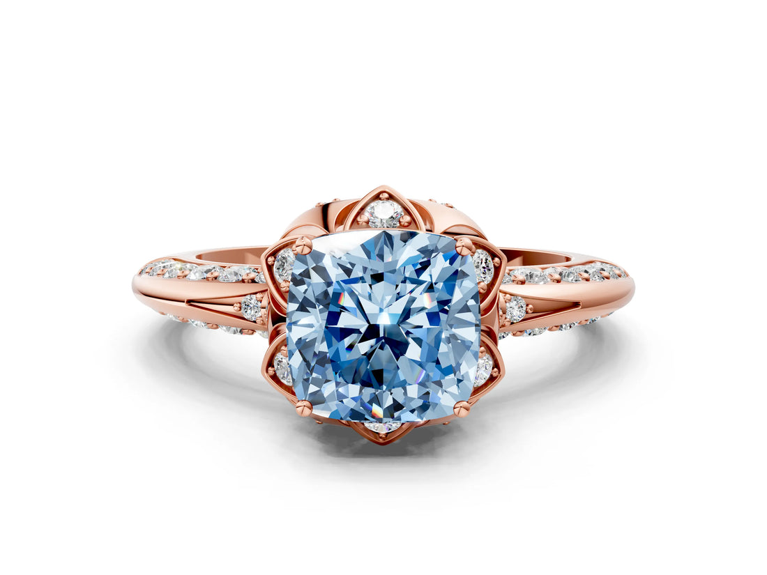 Rose gold Fancy Blue Cushion  Halo Split Shank Pave Diamond Ring with Petal Prong Setting_56