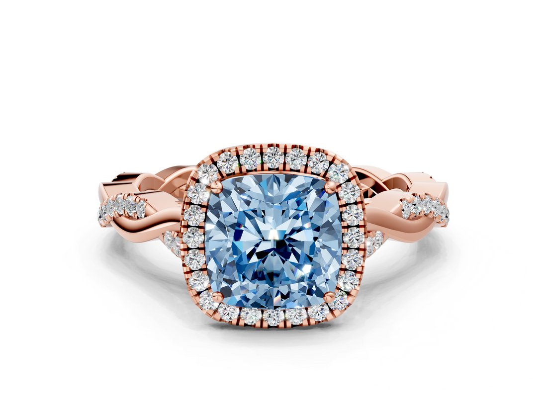 Rose gold Fancy Blue Cushion  Halo Twist Band Solitaire Ring_20