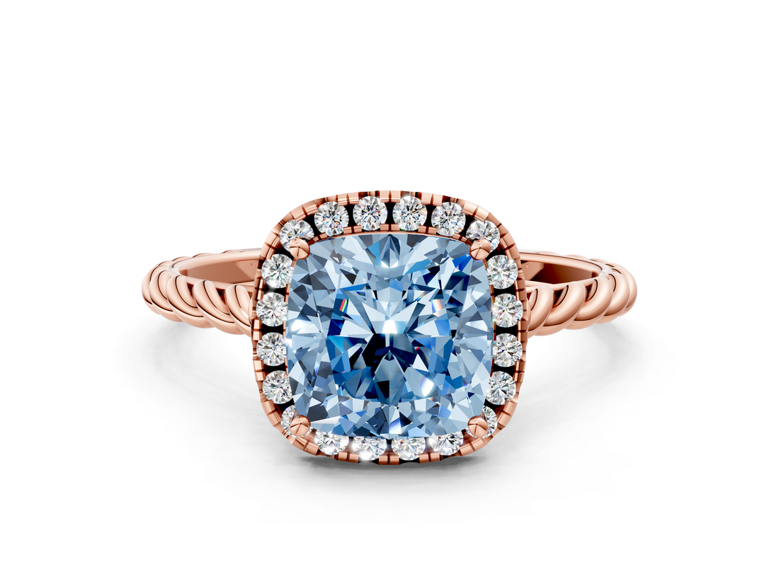 Rose gold Fancy Blue Cushion  Halo Twisted Band Four-Prong Diamond Ring_20
