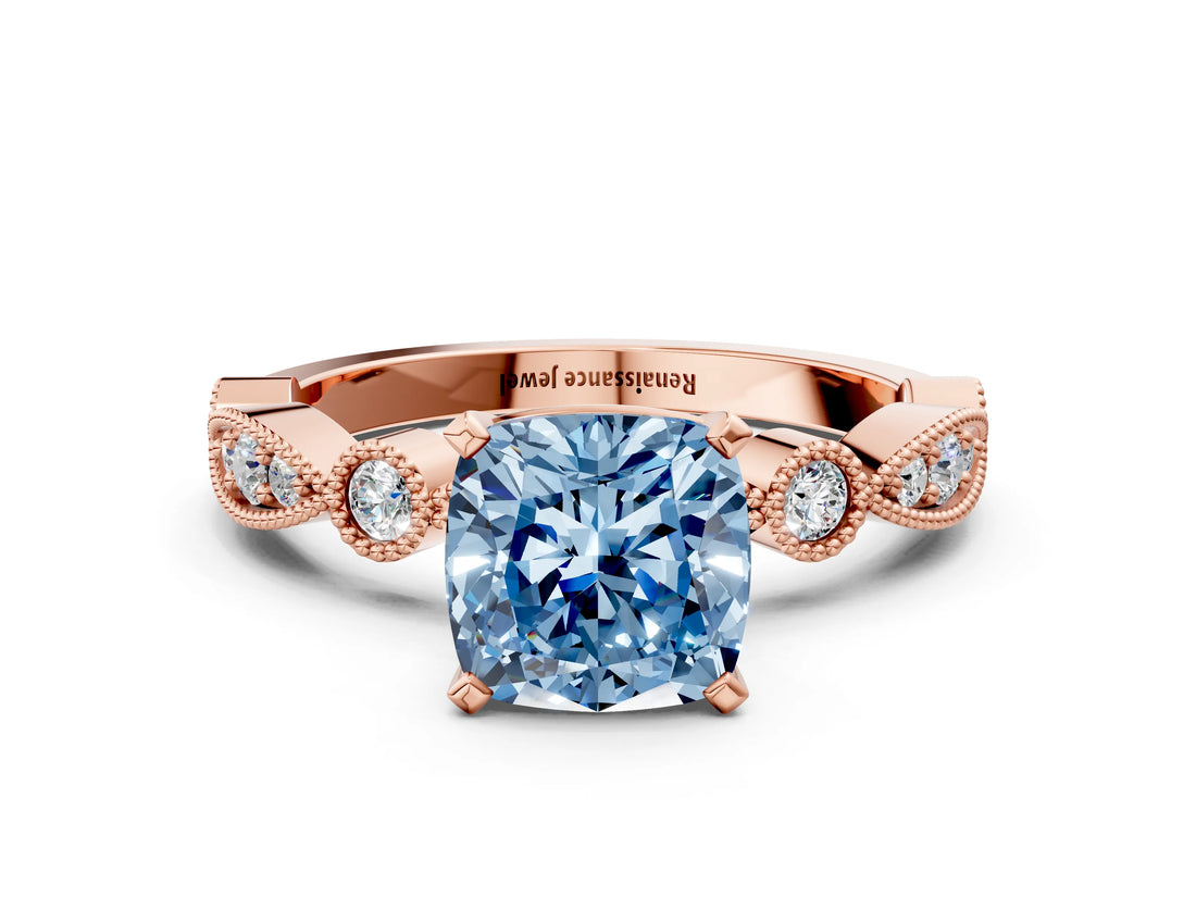 Rose gold Fancy Blue Cushion  Milgrain Bezel Diamond Engagement Ring with Solitaire Prong Setting_167