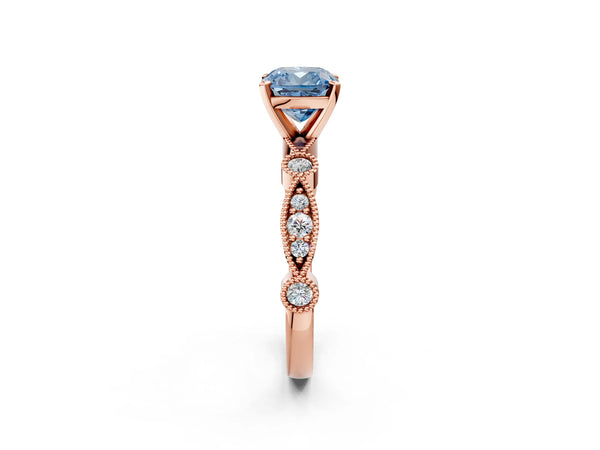 Rose gold Fancy Blue Cushion  Milgrain Bezel Diamond Engagement Ring with Solitaire Prong Setting