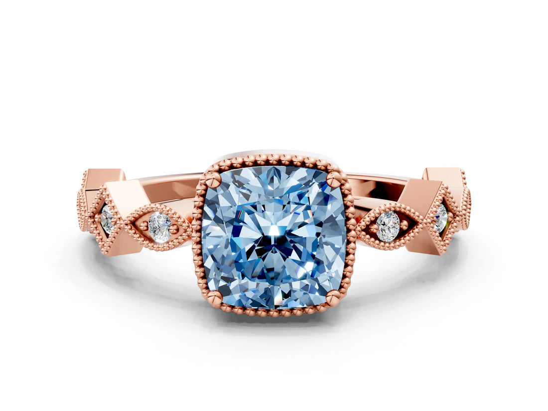 Rose gold Fancy Blue Cushion  Milgrain Marquise Diamond Twist Band Ring_62