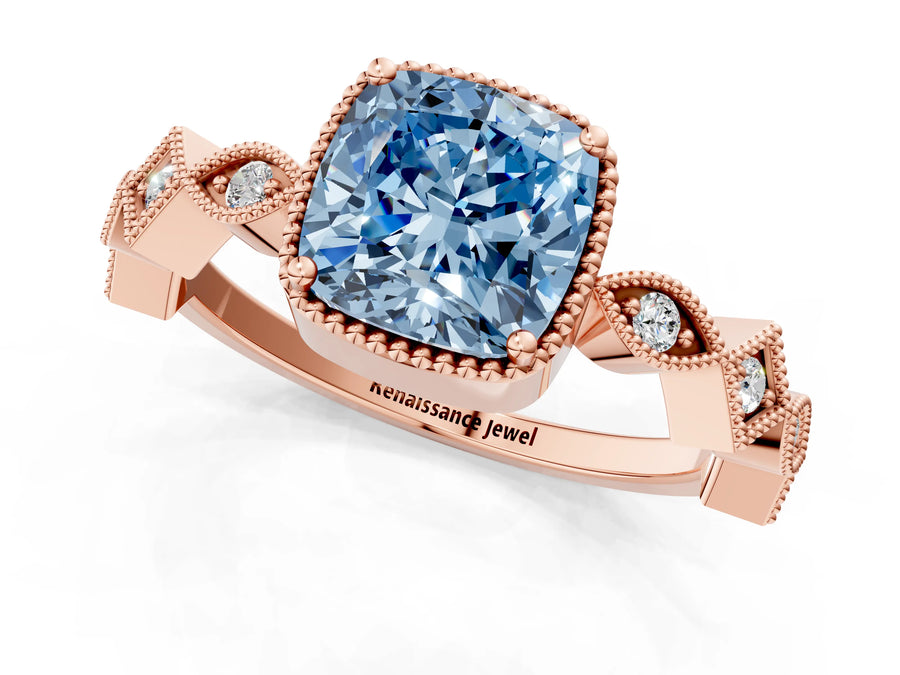 Rose gold Fancy Blue Cushion  Milgrain Marquise Diamond Twist Band Ring