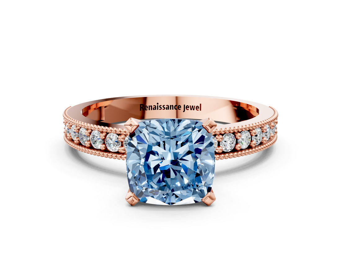 Rose gold Fancy Blue Cushion  Milgrain Pave Diamond Engagement Ring with Four-Prong Setting_173