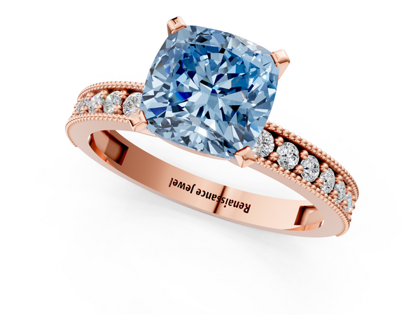Rose gold Fancy Blue Cushion Cut Diamond Milgrain Pavé Engagement Ring with Four-Prong Setting