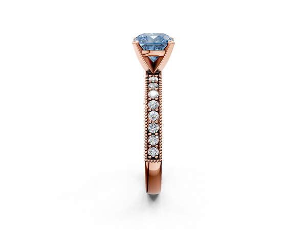 Rose gold Fancy Blue Cushion Cut Diamond Milgrain Pavé Engagement Ring with Four-Prong Setting