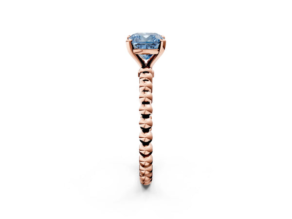 Rose gold Fancy Blue Cushion Cut Diamond Solitaire Ring with Beaded Band and Prong Setting