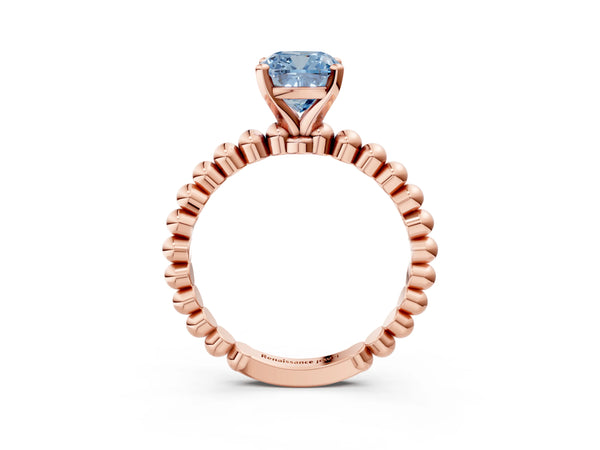 Rose gold Fancy Blue Cushion Cut Diamond Solitaire Ring with Beaded Band and Prong Setting