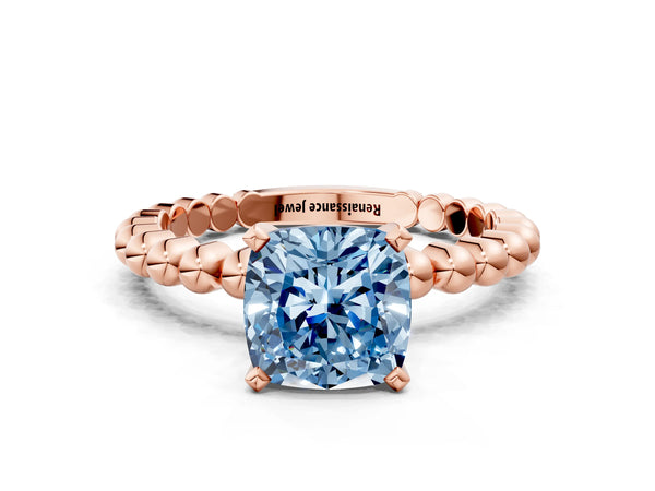 Rose gold Fancy Blue Cushion Cut Diamond Solitaire Ring with Beaded Band and Prong Setting
