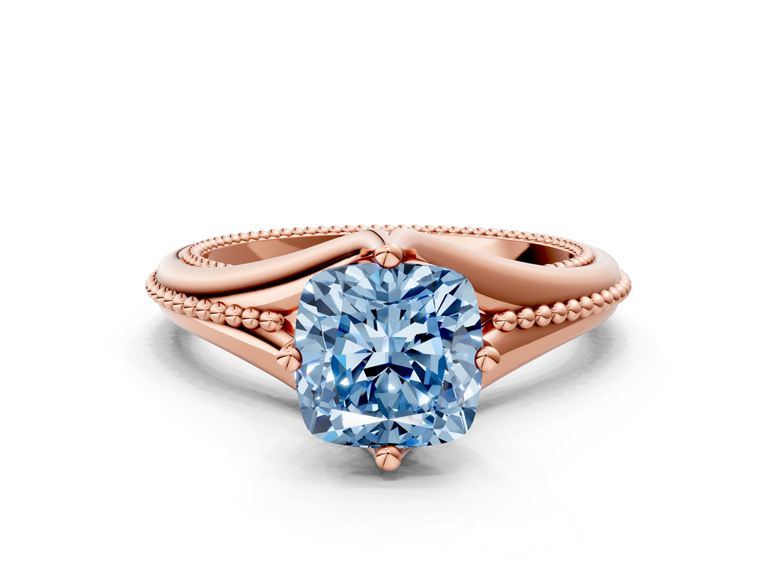Rose gold Fancy Blue Cushion  Solitaire Beaded Band Six-Prong Setting