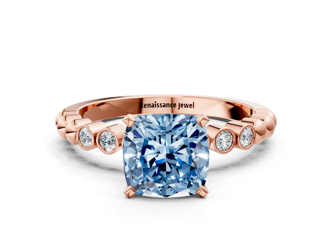 Rose gold Fancy Blue Cushion  Solitaire Bezel Accent Diamond Engagement Ring with Beaded Band and Four-Prong Setting_58