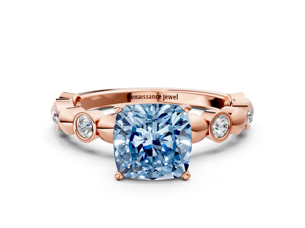 Rose gold Fancy Blue Cushion  Solitaire Bezel-Set Diamond Ring with Beaded Band and Four-Prong Setting