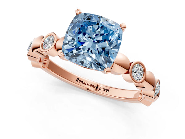 Rose gold Fancy Blue Cushion  Solitaire Bezel-Set Diamond Ring with Beaded Band and Four-Prong Setting