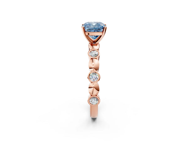 Rose gold Fancy Blue Cushion  Solitaire Bezel-Set Diamond Ring with Beaded Band and Four-Prong Setting