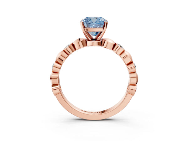 Rose gold Fancy Blue Cushion  Solitaire Bezel-Set Diamond Ring with Beaded Band and Four-Prong Setting