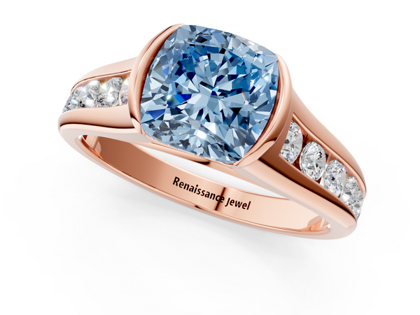 Rose Gold Cushion Cut Half Bezel Engagement Ring Setting for Fancy Blue Center
