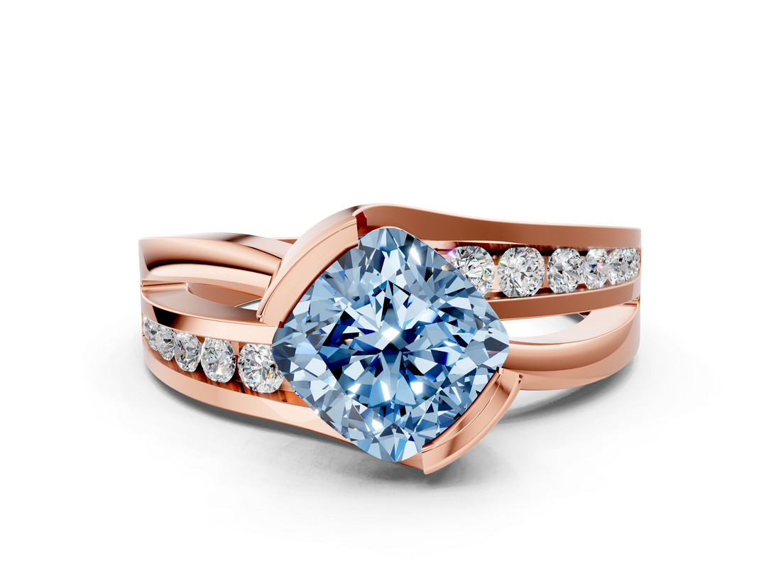Rose gold Fancy Blue Cushion  Solitaire Channel-Set Split Shank Ring with Tension Prong Setting_3