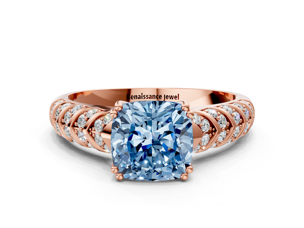 Rose gold Fancy Blue Cushion  Solitaire Chevron Pave Diamond Engagement Ring with Six-Prong Setting