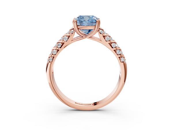 Rose gold Fancy Blue Cushion  Solitaire Chevron Pave Diamond Engagement Ring with Six-Prong Setting