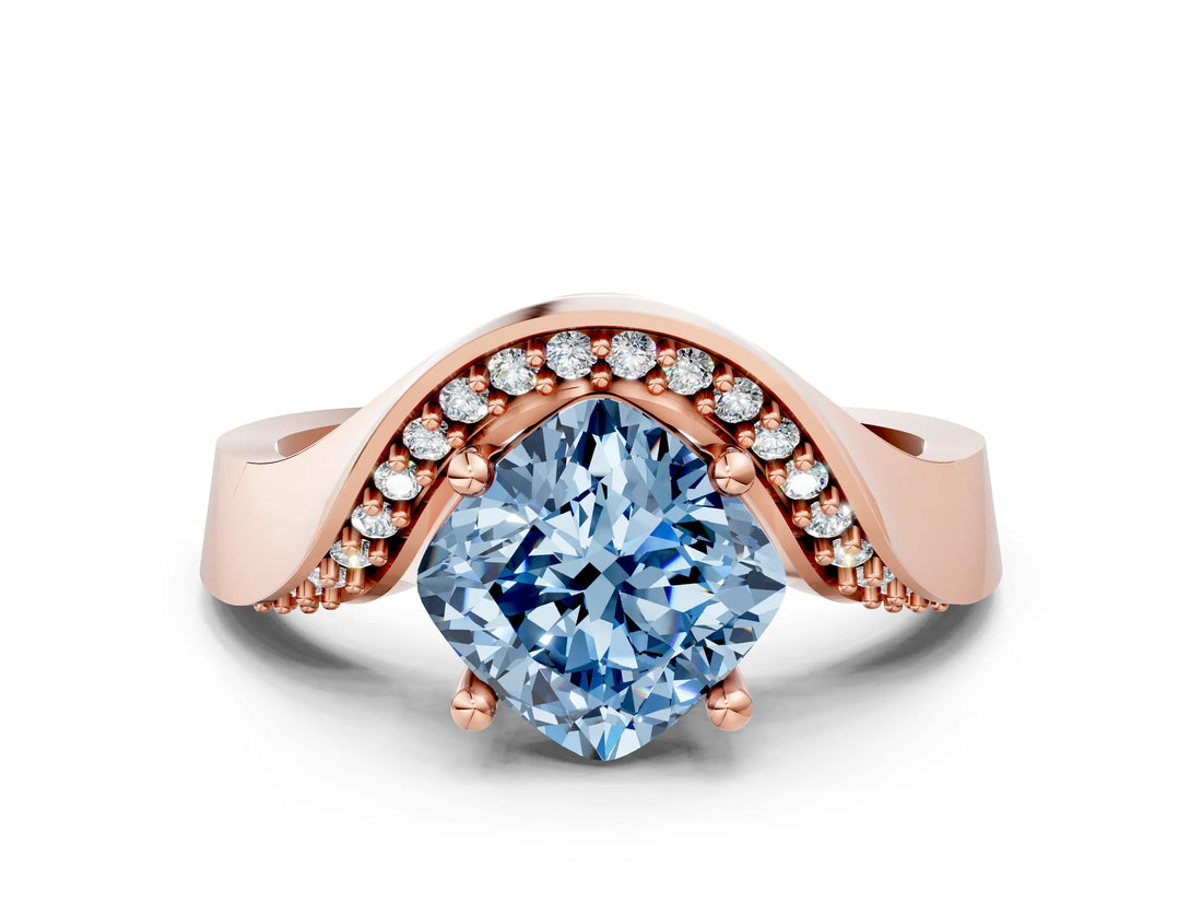 Rose gold Fancy Blue Cushion  Solitaire Diamond Engagement Ring with Pave Band and Four-Prong Setting_26