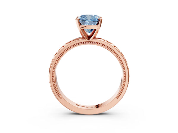 Rose gold Fancy Blue Cushion  Solitaire Diamond Engagement Ring with XO Engraved Band and Four-Prong Setting